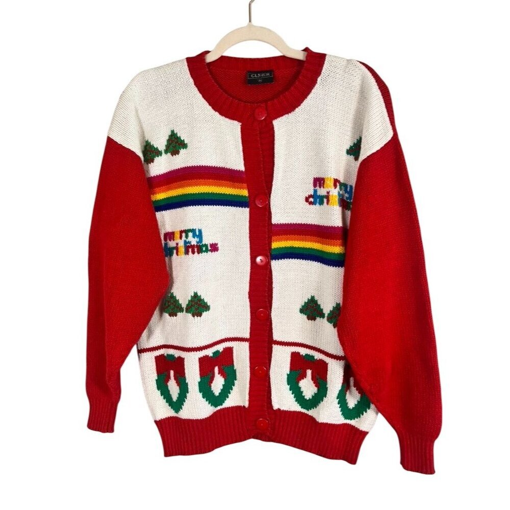Vintage Christmas Knit Cardigan Sweater Red XL Rainbow 90s Holiday Festive Chic
